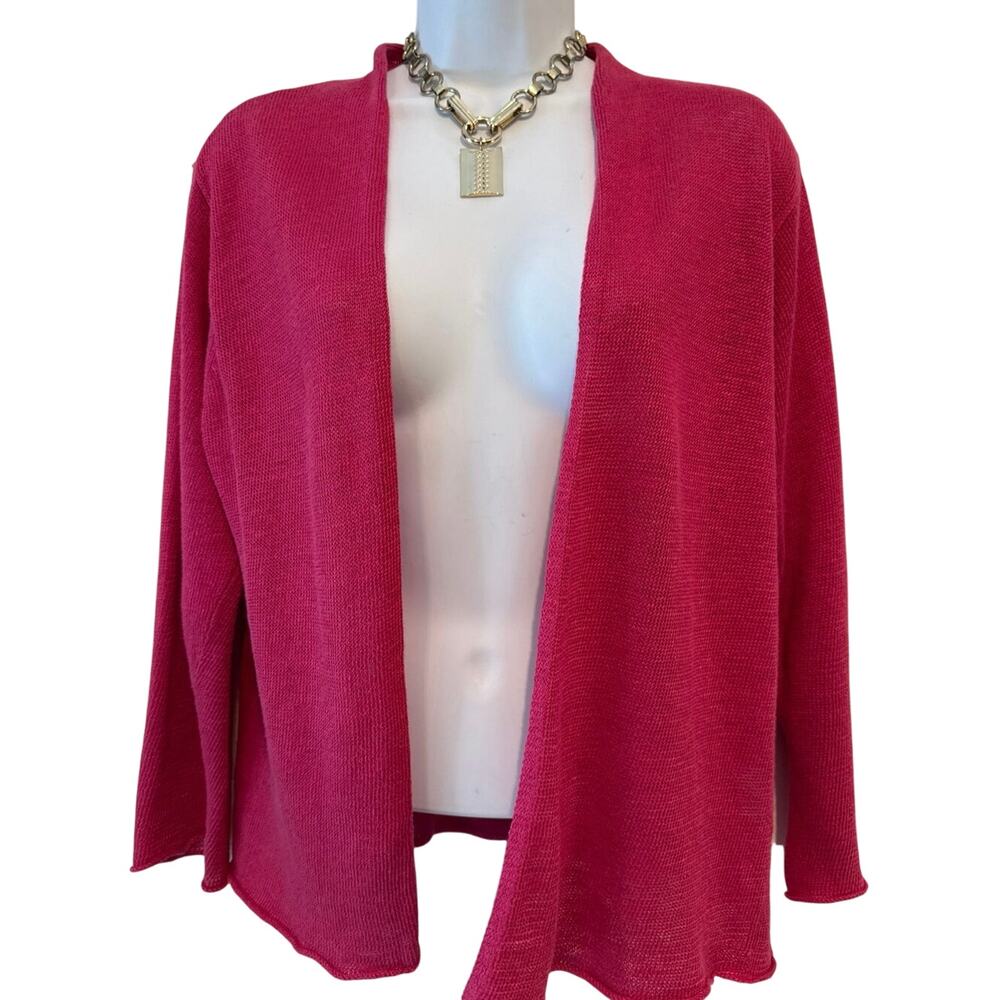 Eileen Fisher Hot Pink Linen 3/4 Sleeve Cardigan Sweater L GUC